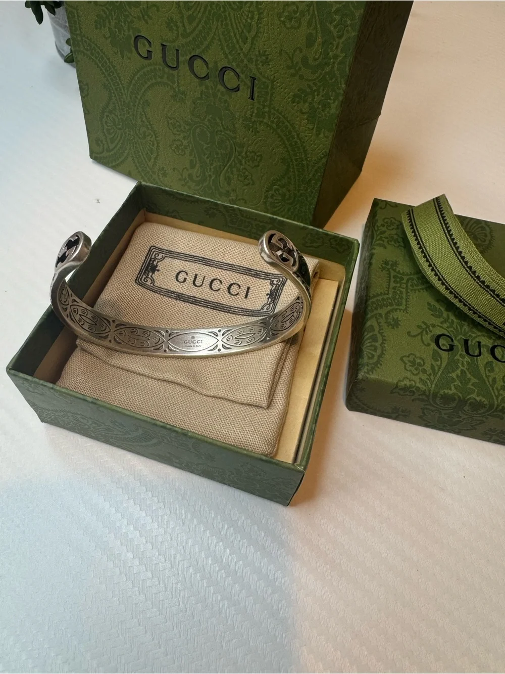 Gucci Silver-Tone Cuff with Black Inlay and Interlocking G Detail
